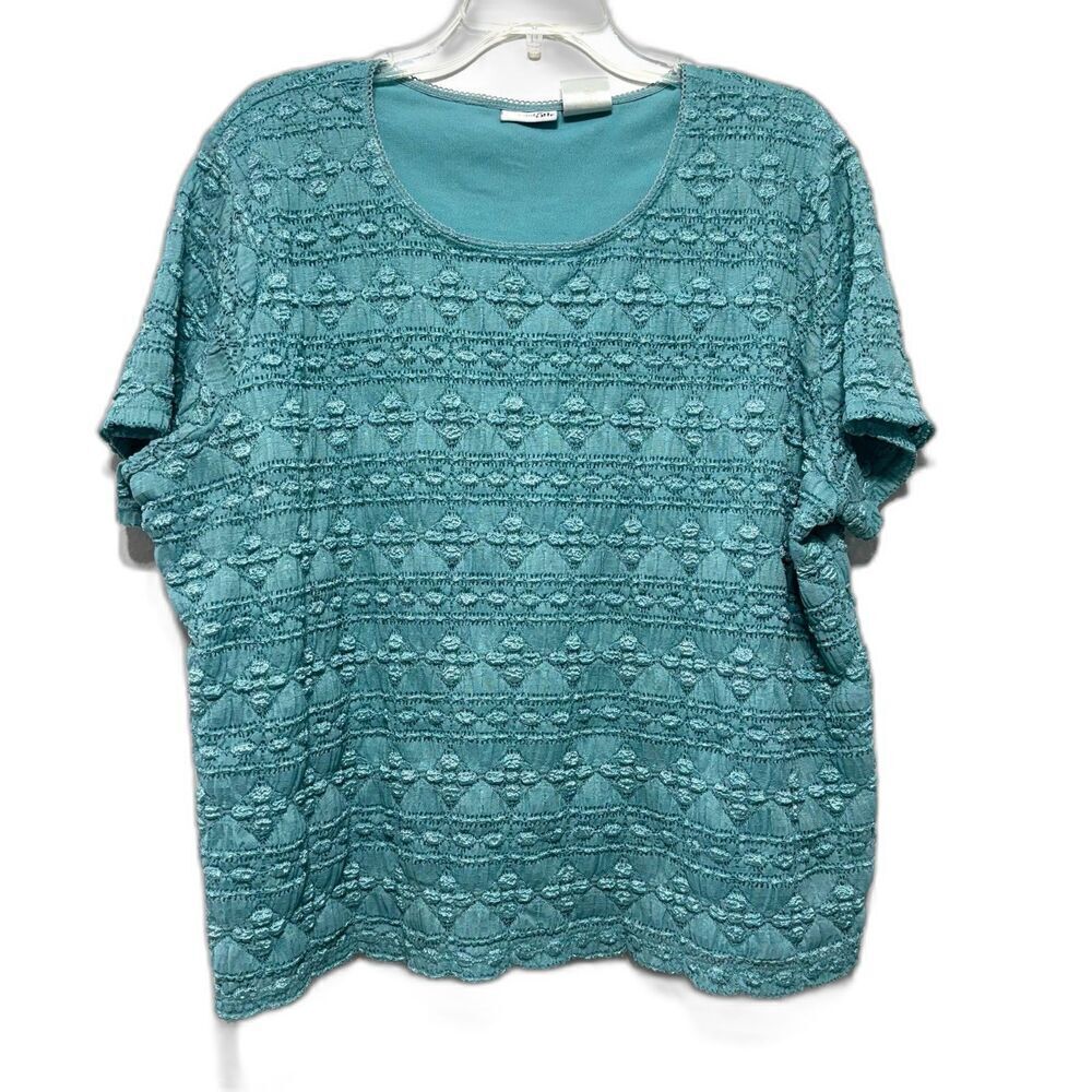 East 5th Teal Blue Textured Blouse Top Short Sleeves Stretch Womens Plus sz 3X